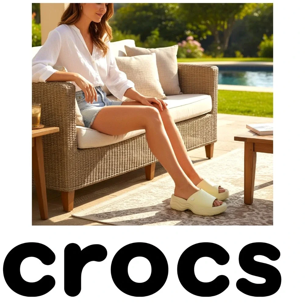 EUC Crocs Womens Size 9 Brooklyn High Wedge Slide Sandals Bone Platform Comfort